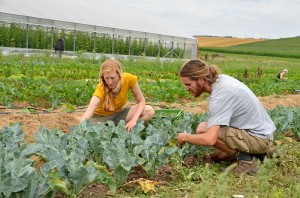 Maya Lukoff und Sebastian Heilmann sind als Gärtner für die Versorgung der Gemeinschaft zuständig. Nach dem Prinzip der solidarischen Landwirtschaft erreichen sie bis zu 70 Prozent Selbstversorgung.Fotos: am