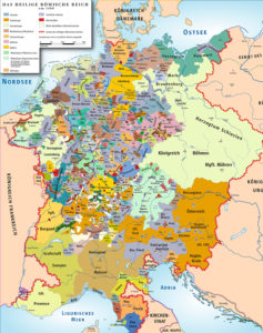 Rothenburg (im schwarzen Kreis) lag zentral im Heiligen Römischen Reich. Die Karte (Wikipedia) zeigt die Aufteilung des Reichs um das Jahr 1400. 
